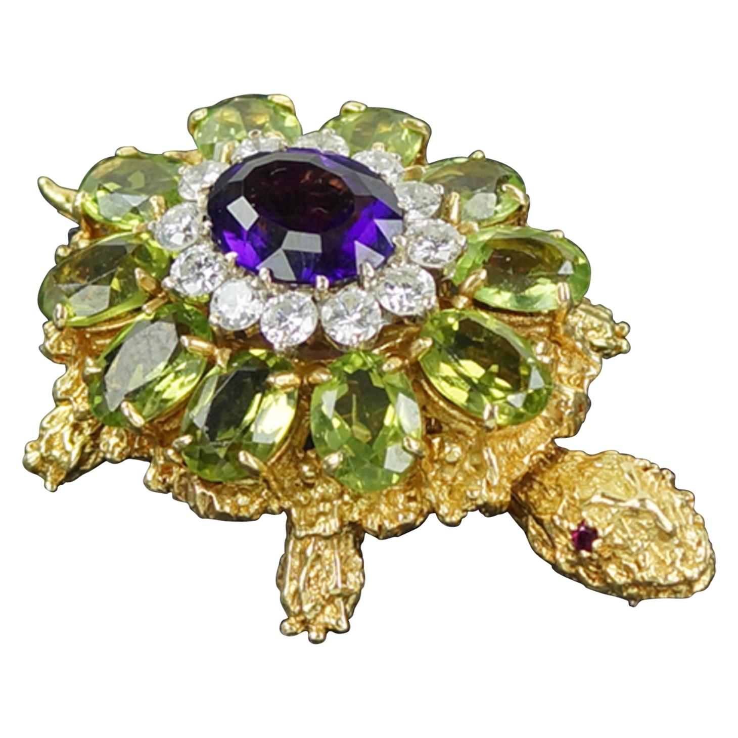 18 Karat Yellow Gold, Amethyst, Diamond, Peridot Pin The The Style Of Rosenthal. For Sale