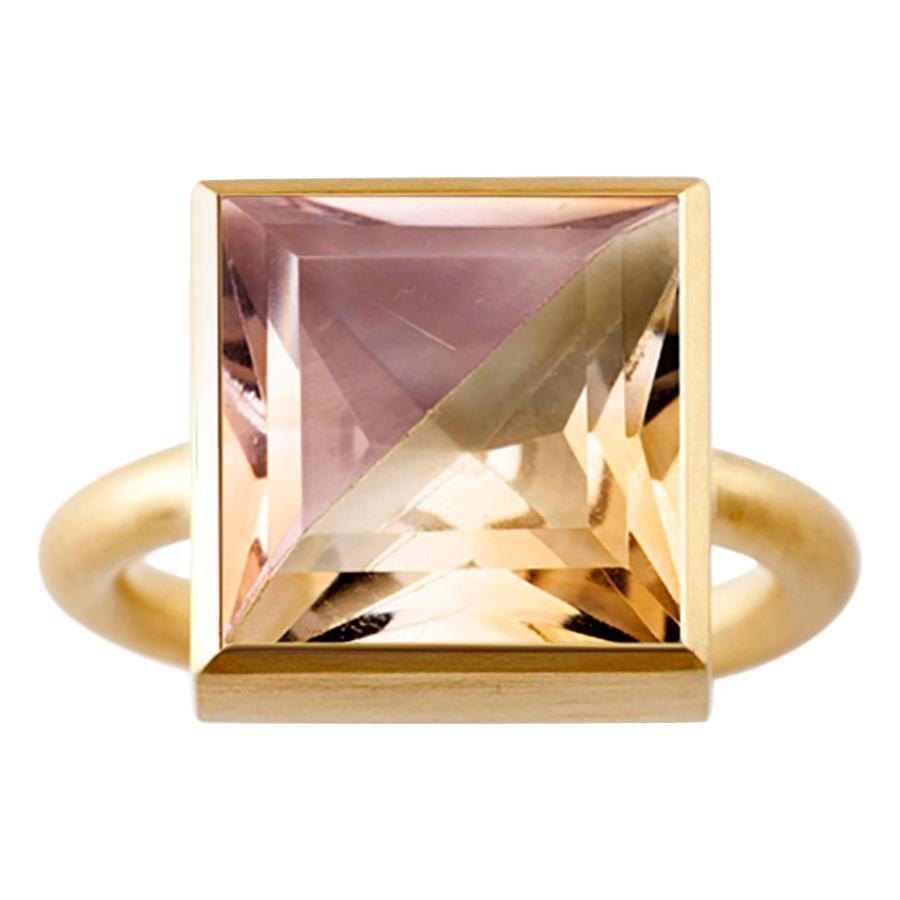 18 Karat Yellow Gold Ametrine Cognac Quartz Two-Stone Modern Cocktail Ring 7-13