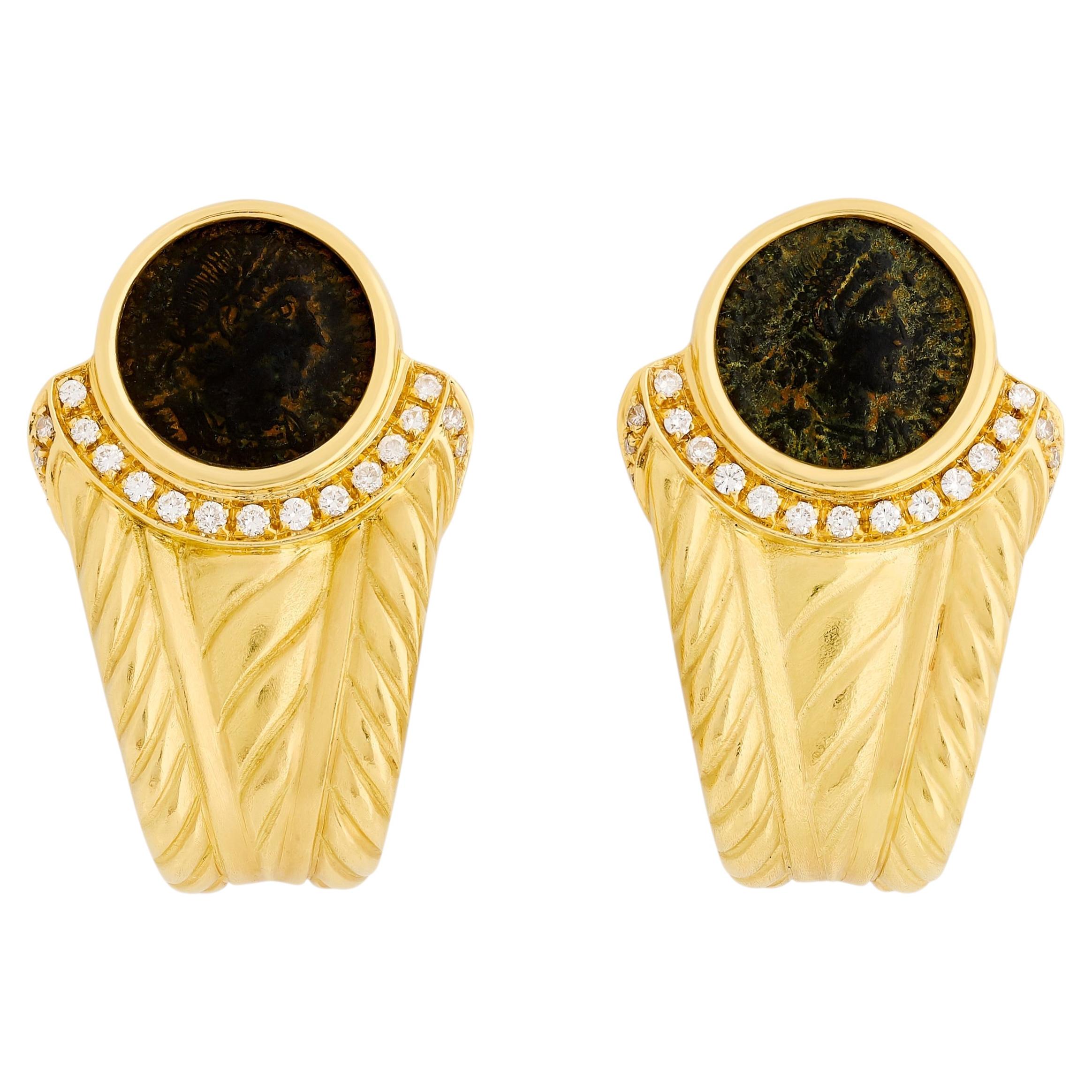 18 Karat Yellow Gold Ancient Coin Tinelli Diamond Earrings