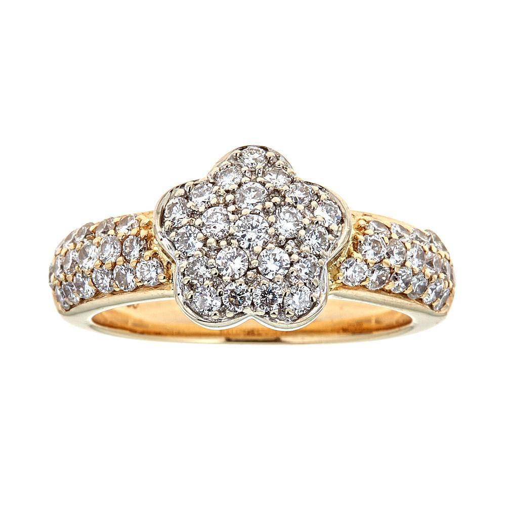 18 Karat Yellow Gold and 1.05 Carat Diamond Pave Flower Ring Band Fashion Jewelry

Simply adorable. this ring showcases 1.05 TCW Shimmering diamonds encrusted in the shape of a flower in the center, continuing onto the shank, where they layered in