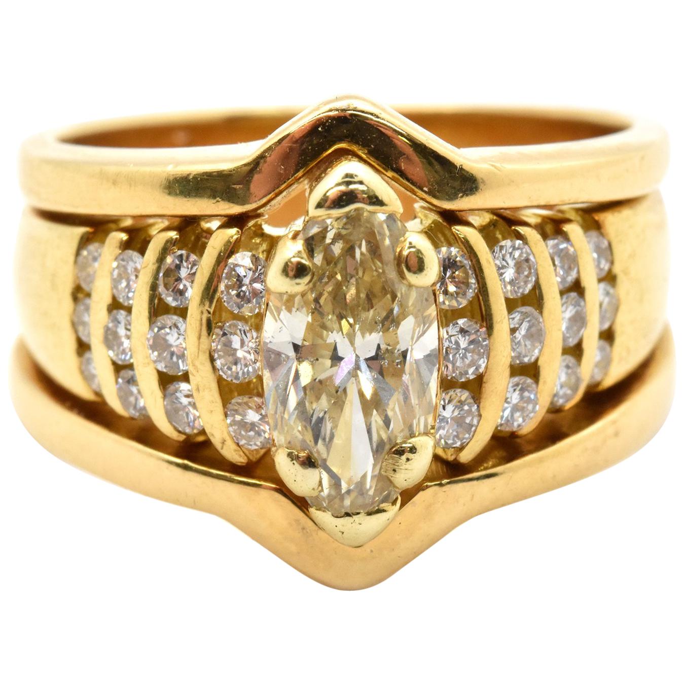 18 Karat Yellow Gold and 1.10 Carat Marquise Diamond Ring with Accents