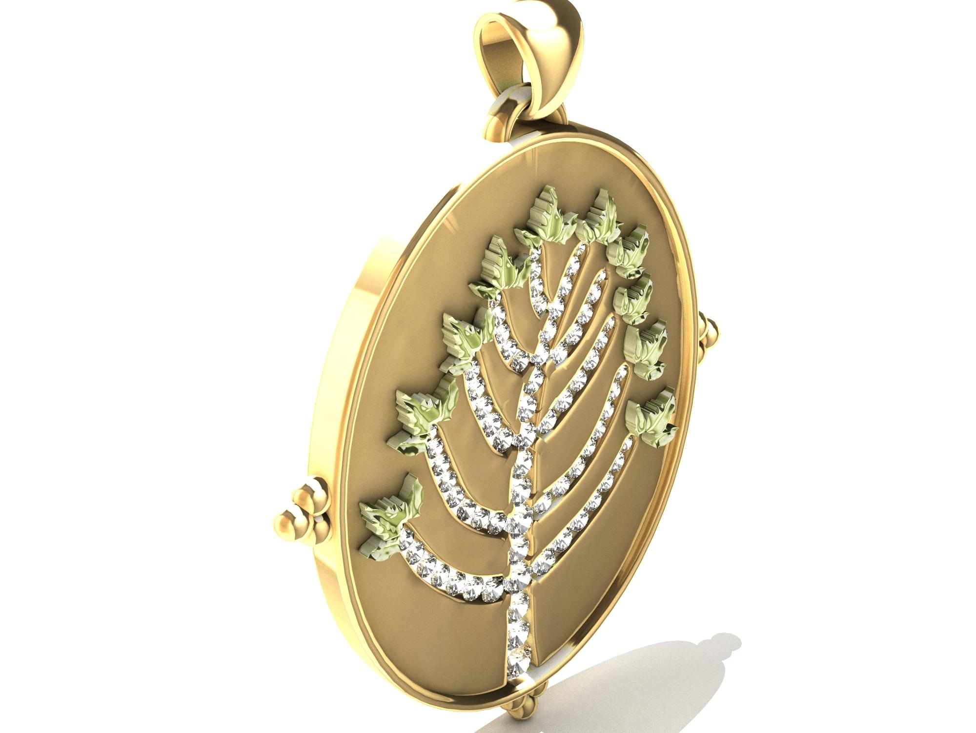 Contemporary 18 Karat Yellow Gold and 14 Karat Green Diamonds Tree of  Knowledge Pendant For Sale