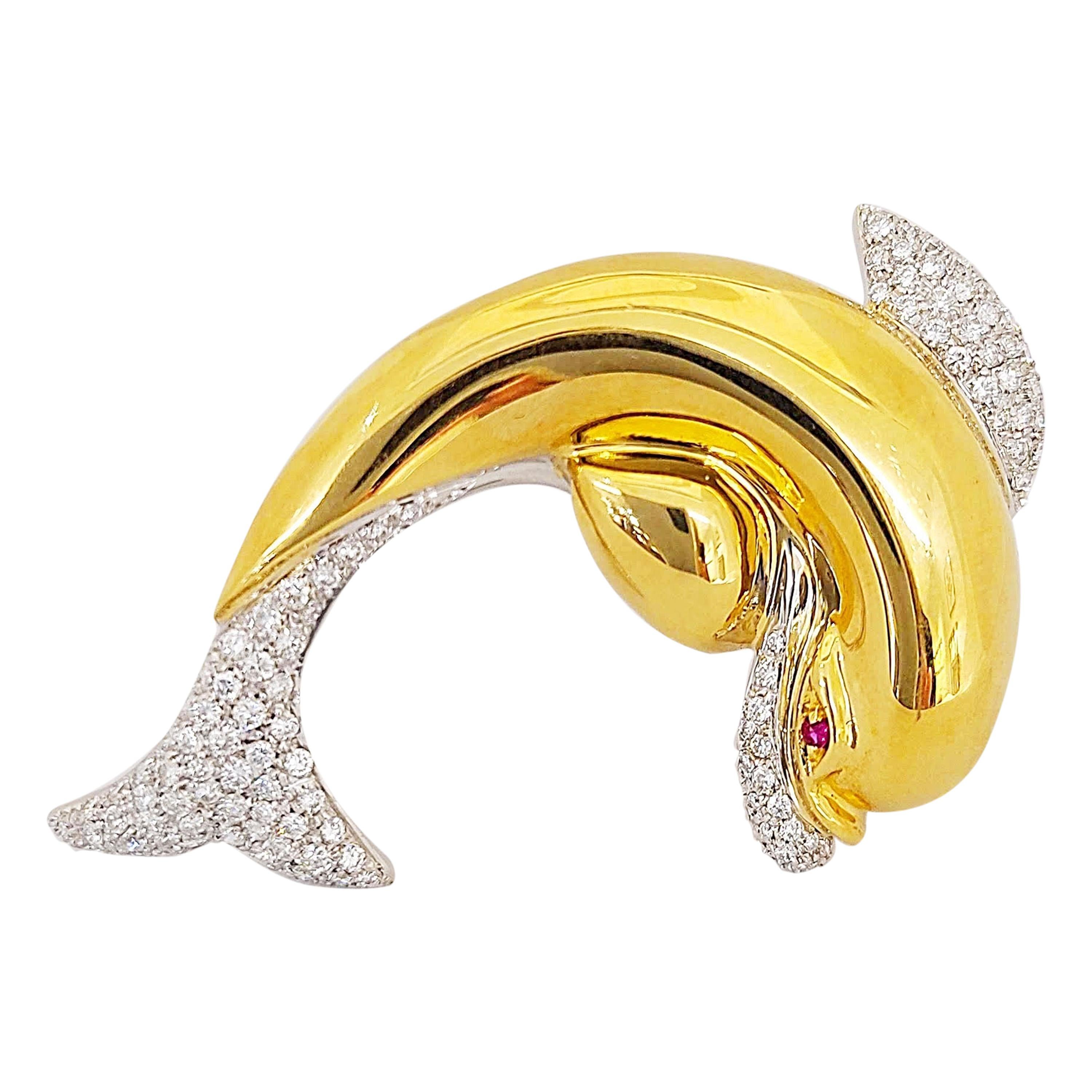 18 Karat Yellow Gold and 1.49 Carat Diamond Dolphin Brooch For Sale