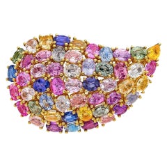 18 Karat Yellow Gold and 24.66 Carat Multicolored Sapphire Paisley Brooch