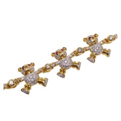 Vintage 18 Karat Yellow Gold and 3.01 Carat Diamond Teddy Bear Bracelet