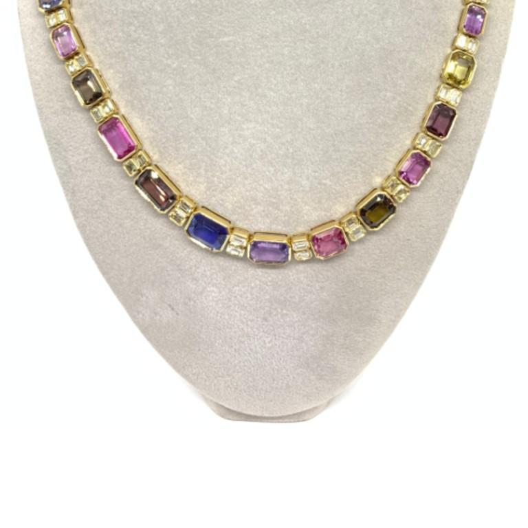 Multicolor necklace set in Elegant 18 karat yellow gold with multi color sapphires with a total carat weight of 56.03 together with emerald cut diamonds weighing 7.43 carats. 

Sophia D by Joseph Dardashti LTD has been known worldwide for 35 years
