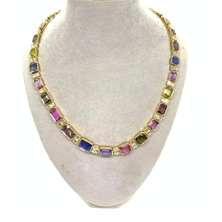 Sophia D. 56,03 Karat mehrfarbige Saphir-Diamant-Halskette (Smaragdschliff) im Angebot