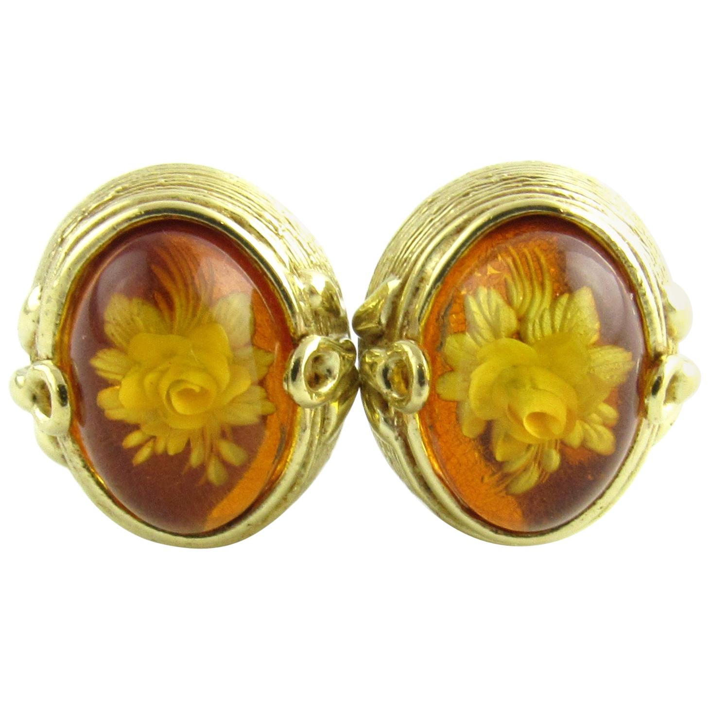18 Karat Yellow Gold and Amber Floral Earrings