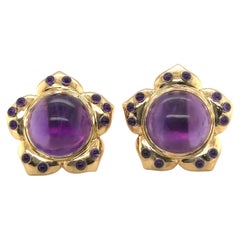 Vintage 18 Karat Yellow Gold and Amethyst Flower Earclips