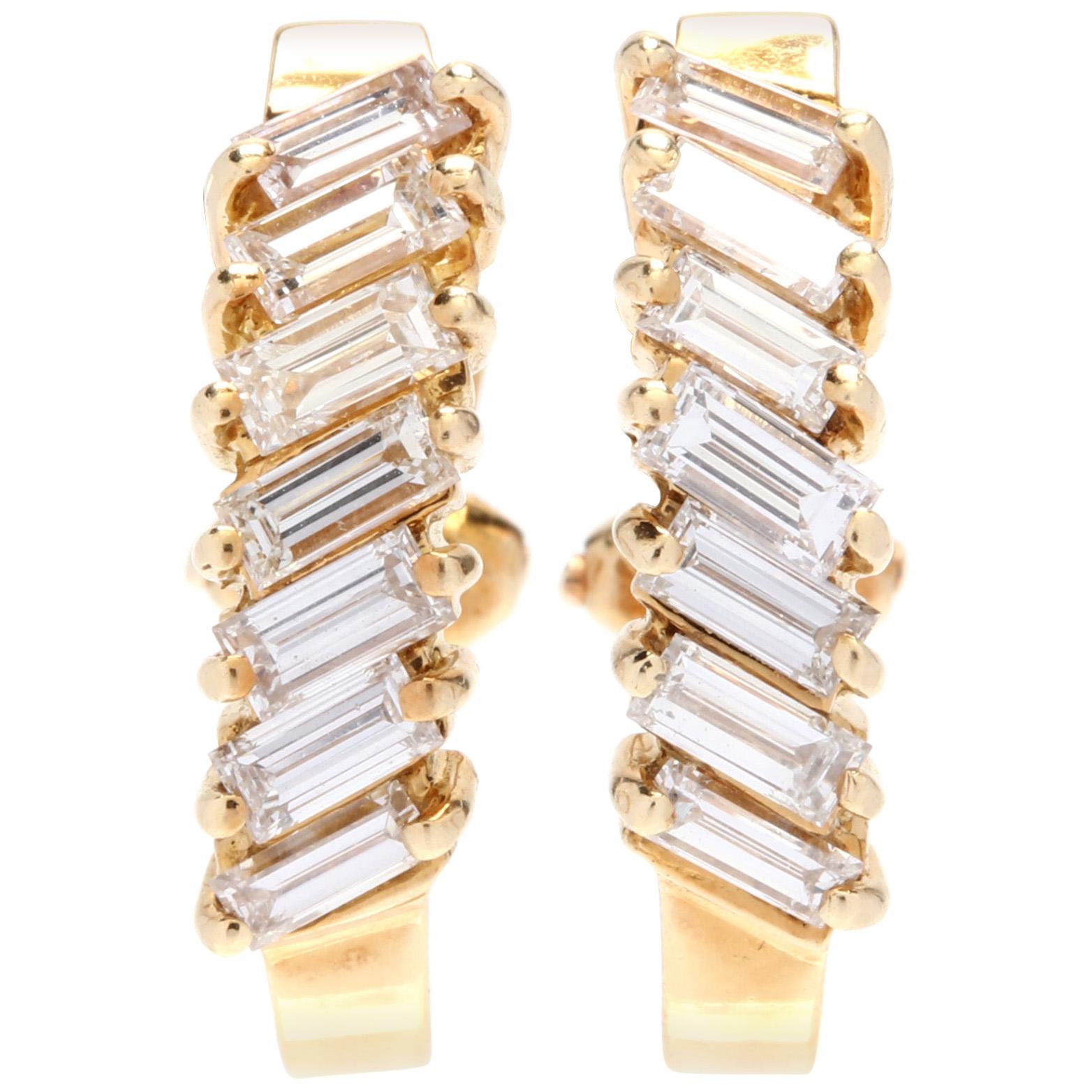 18 Karat Yellow Gold and Baguette Diamond Hoop Earrings