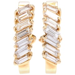 18 Karat Yellow Gold and Baguette Diamond Hoop Earrings