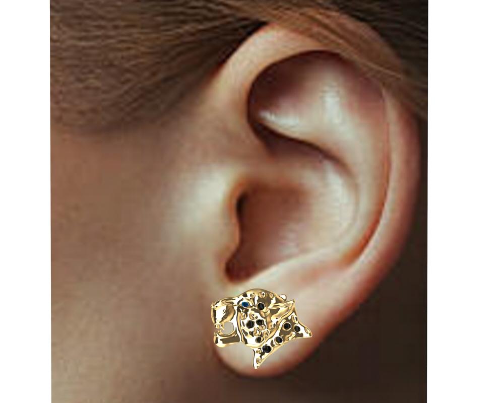 18 Karat Yellow Gold and Black Diamonds Leopard Stud Earrings For Sale 2