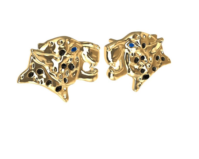 18 Karat Yellow Gold and Black Diamonds Leopard Stud Earrings For Sale 2