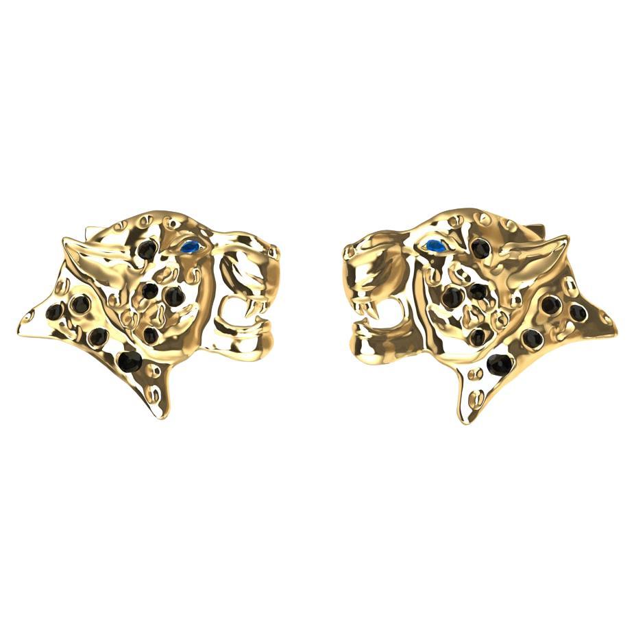 Women's 18 Karat Yellow Gold and Black Diamonds Leopard Stud Earrings For Sale