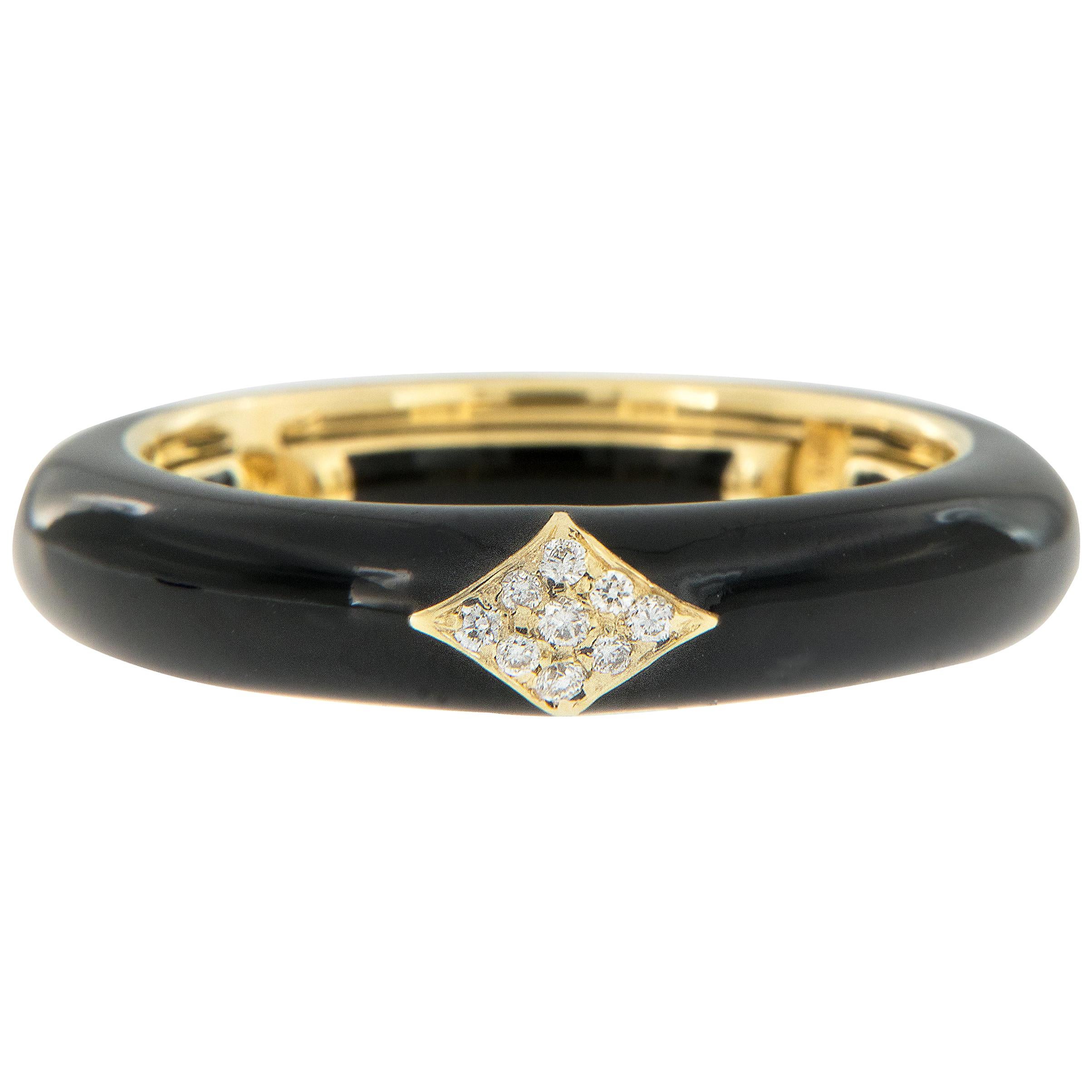 18 Karat Yellow Gold and Black Enamel and Diamond Adjustable Ring Made in Italy For Sale
