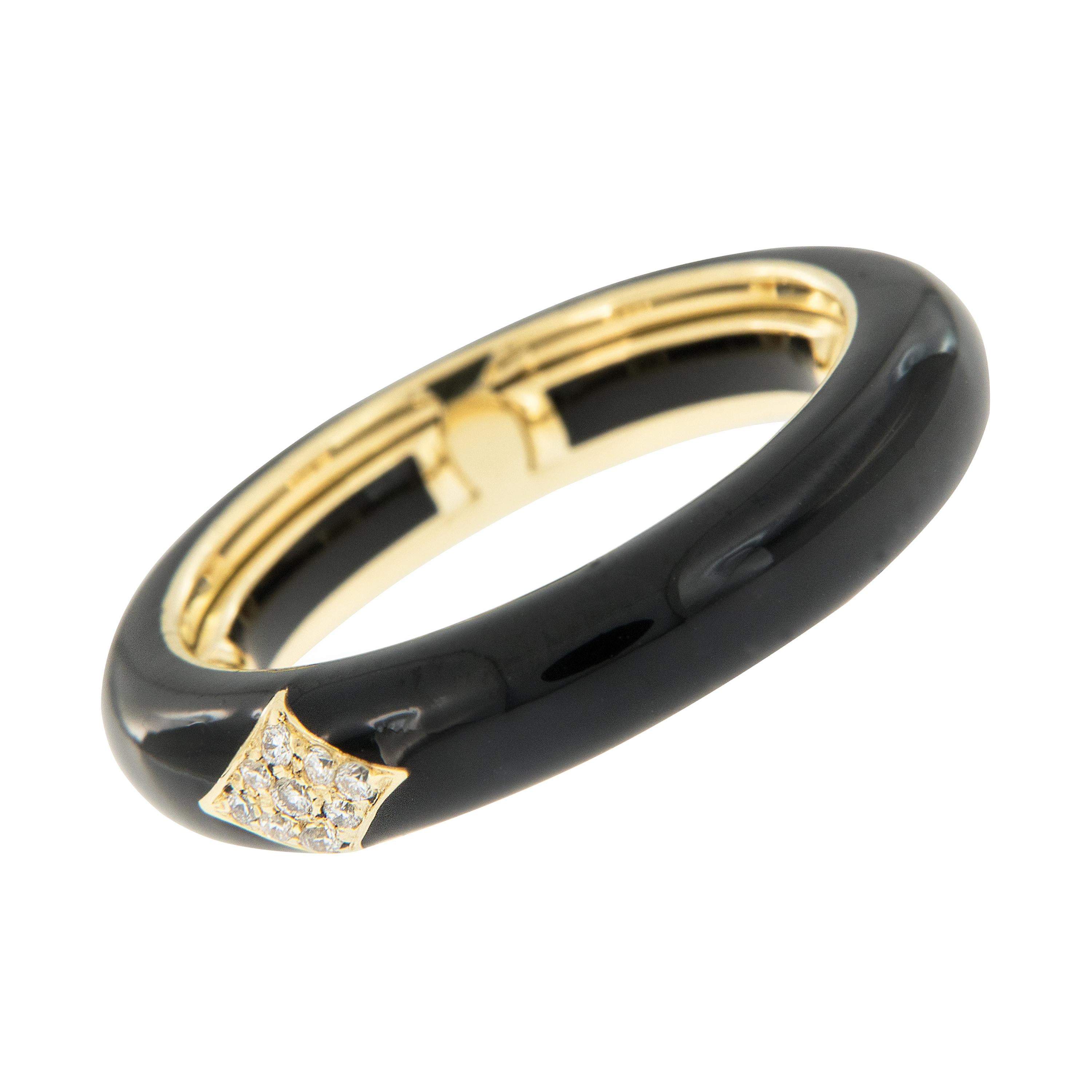Bold, bright and beautiful! This contemporary enamel ring is hand-crafted in Italy for Campanelli & Pear. Ring is 18k yellow gold featuring a smooth enamel finish in rich black and accented with 0.07 Cttw pave' set diamonds in chevron. The ring