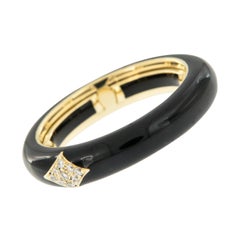 18 Karat Yellow Gold and Black Enamel and Diamond Adjustable Ring Made in Italy