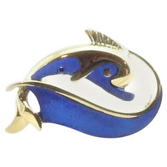 18 Karat Yellow Gold and Blue Enamel Dolphin Brooch / Pin