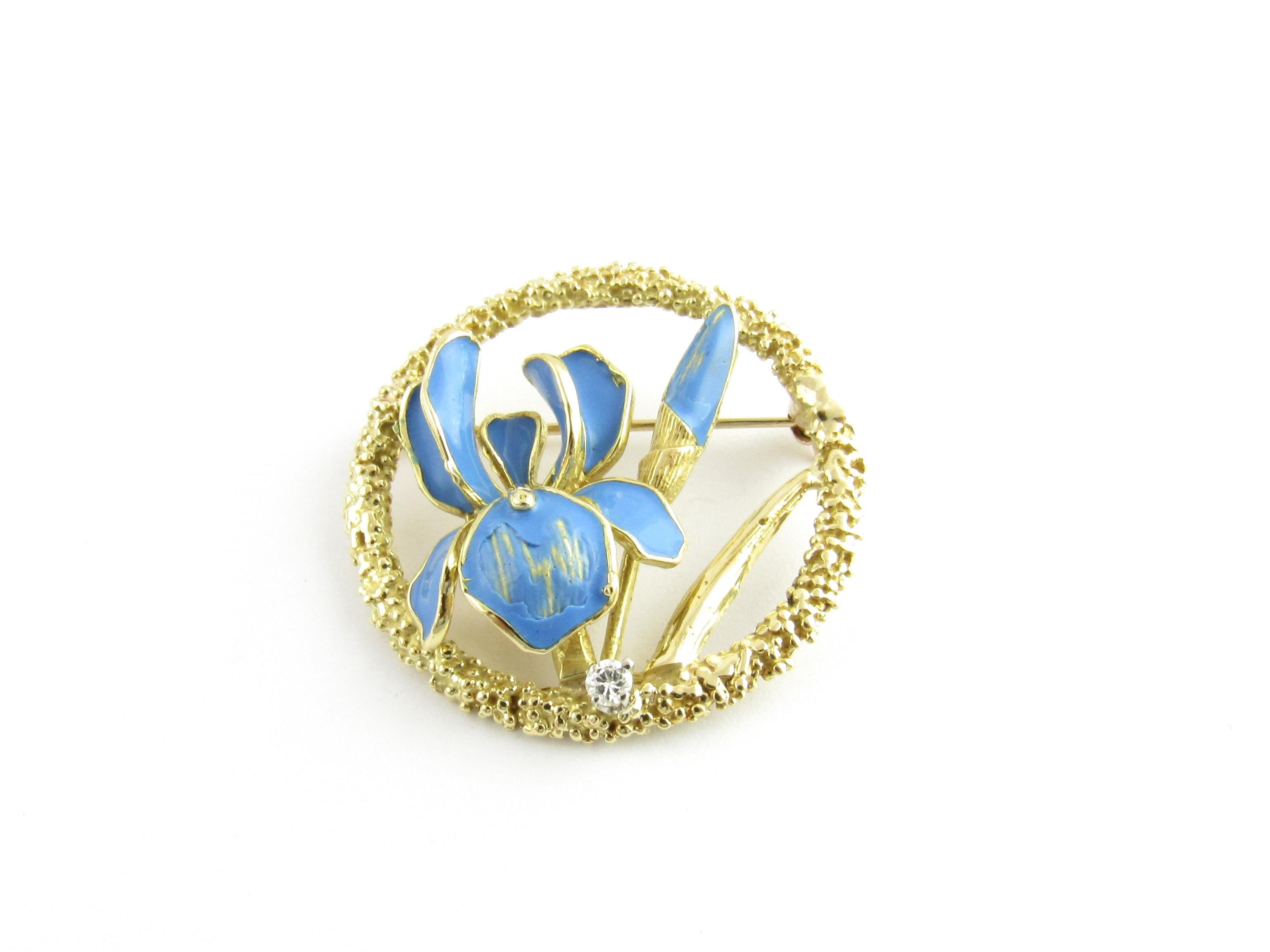 Vintage 18 Karat Yellow Gold Blue Enamel Floral Brooch/Pin

This stunning brooch features a lovely iris accented with blue enamel and one round brilliant cut diamond. Crafted in beautifully detailed 18K yellow gold.

One round brilliant diamond VS1,