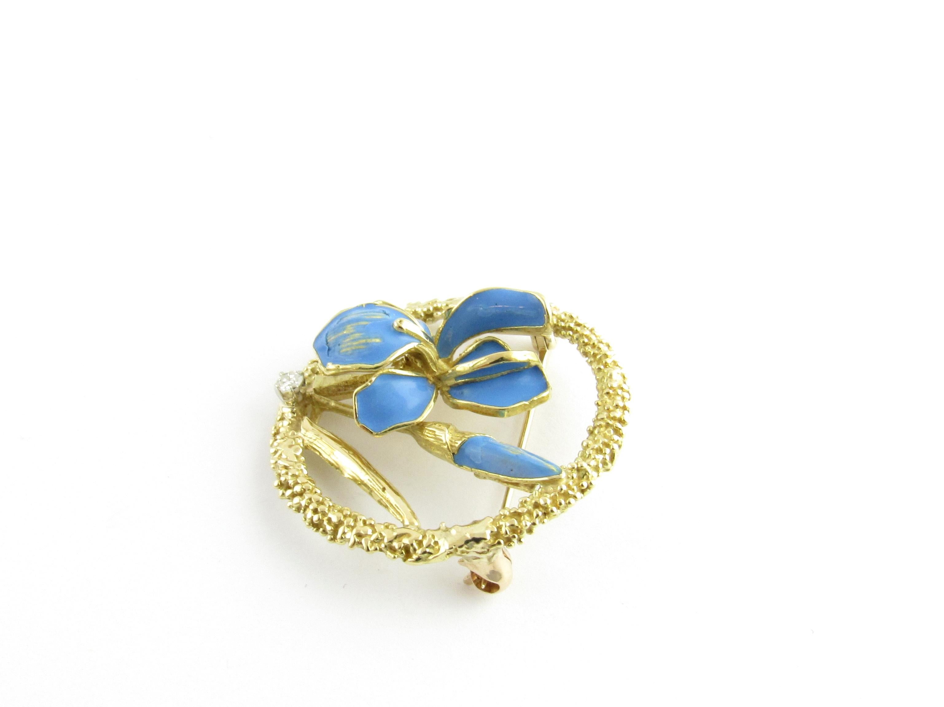18 Karat Yellow Gold and Blue Enamel Floral Brooch or Pin In Good Condition In Washington Depot, CT