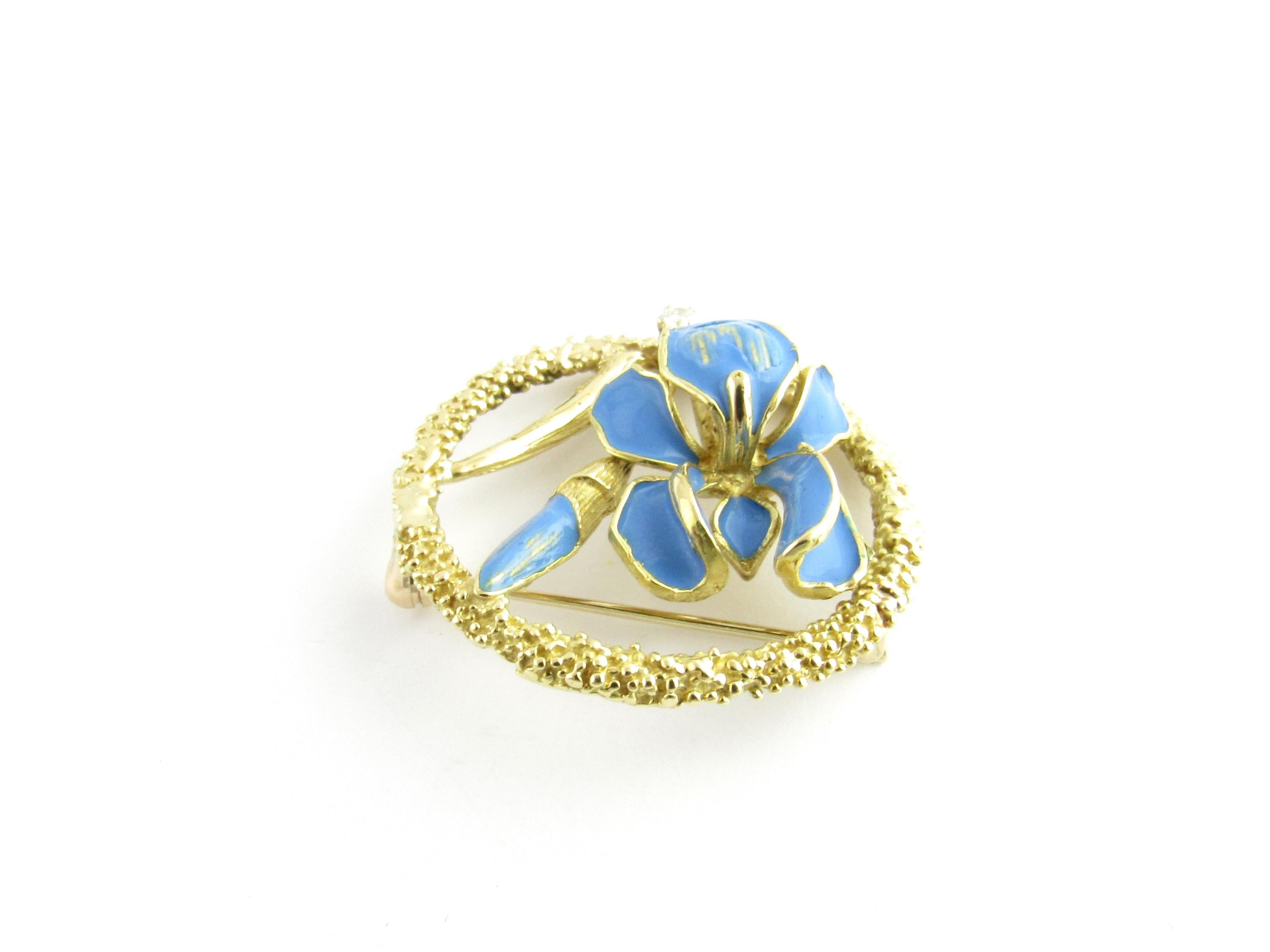 Women's 18 Karat Yellow Gold and Blue Enamel Floral Brooch or Pin