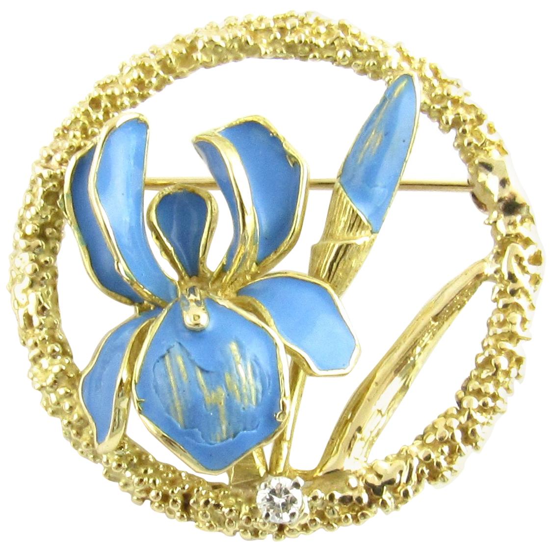 18 Karat Yellow Gold and Blue Enamel Floral Brooch or Pin