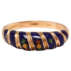 Vintage 18 Karat Yellow Gold and Blue Enamel Flower Band Ring