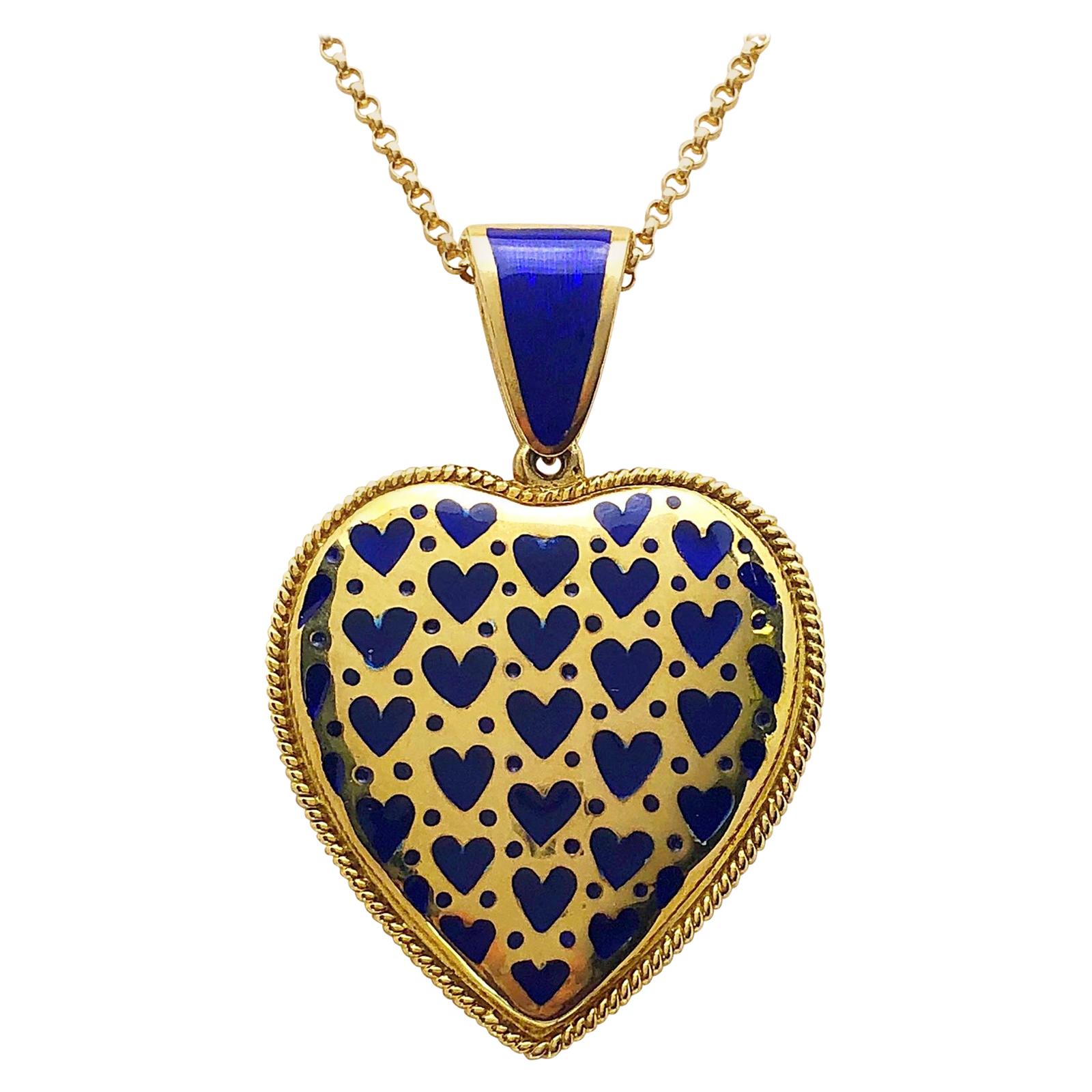 18 Karat Yellow Gold and Blue Enamel Heart Pendant with Hinged Bale