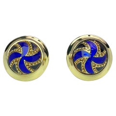 18 Karat Yellow Gold and Blue Enamel Round Cufflinks