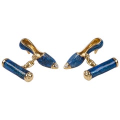 18 Karat Yellow Gold and Blue Enamel Shoes Cufflinks