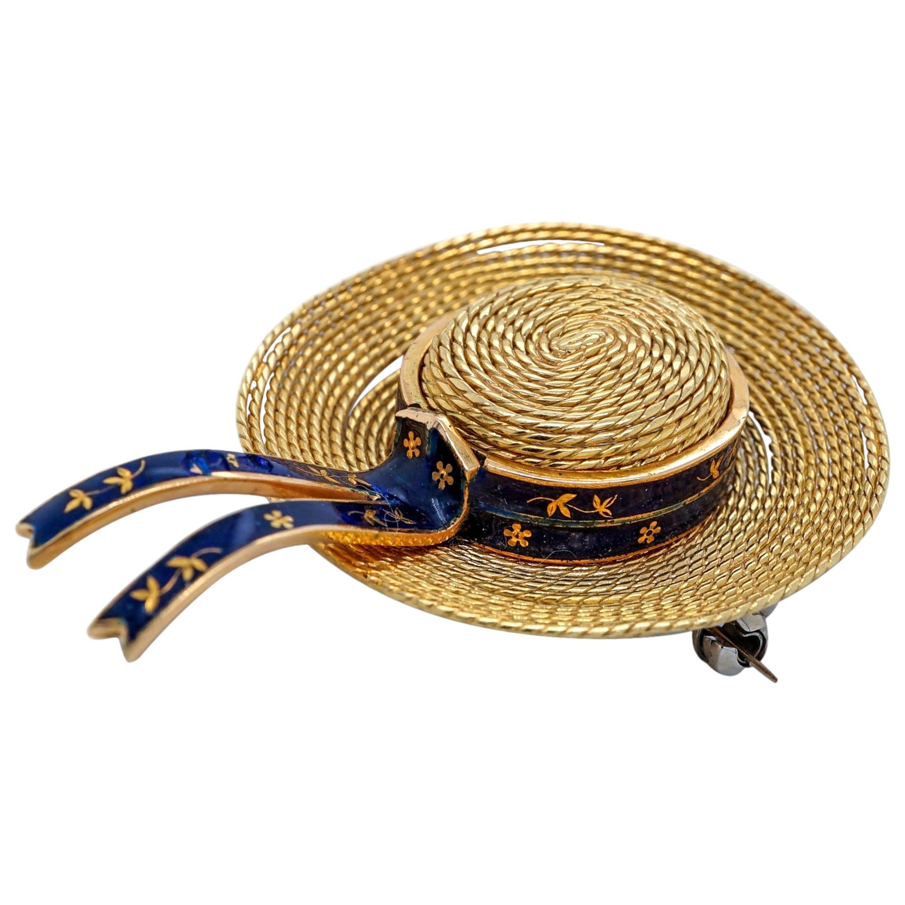 18 Karat Yellow Gold and Blue Enamel Straw Hat Brooch For Sale