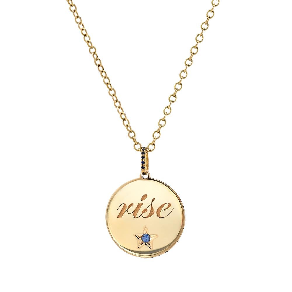 18 Karat Yellow Gold and Blue Sapphire "Rise" Engraved Medallion on Chain For Sale