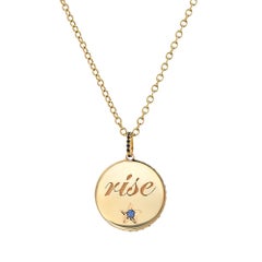 18 Karat Yellow Gold and Blue Sapphire "Rise" Engraved Medallion on Chain