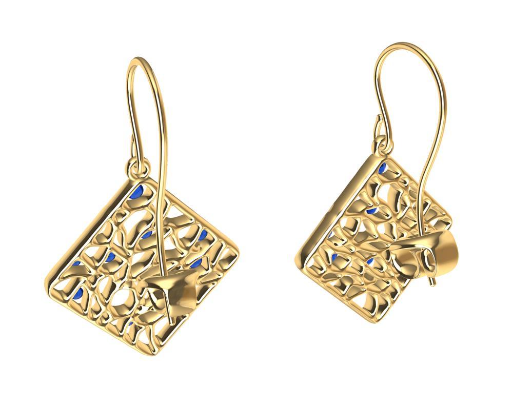 18 Karat Yellow Gold and Blue Sapphires Seaweed Dangle Earrings For Sale 3