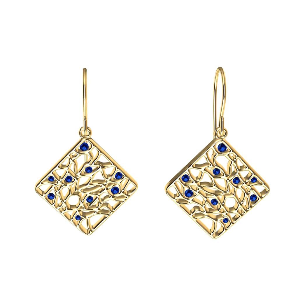 18 Karat Yellow Gold and Blue Sapphires Seaweed Dangle Earrings For Sale