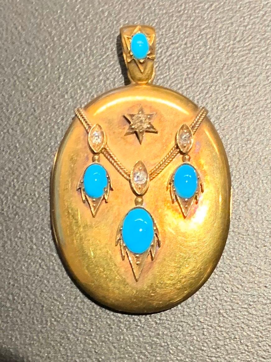 Antique French 18 Karat Yellow Gold and Diamond and Persian Turquoise Locket c.1880