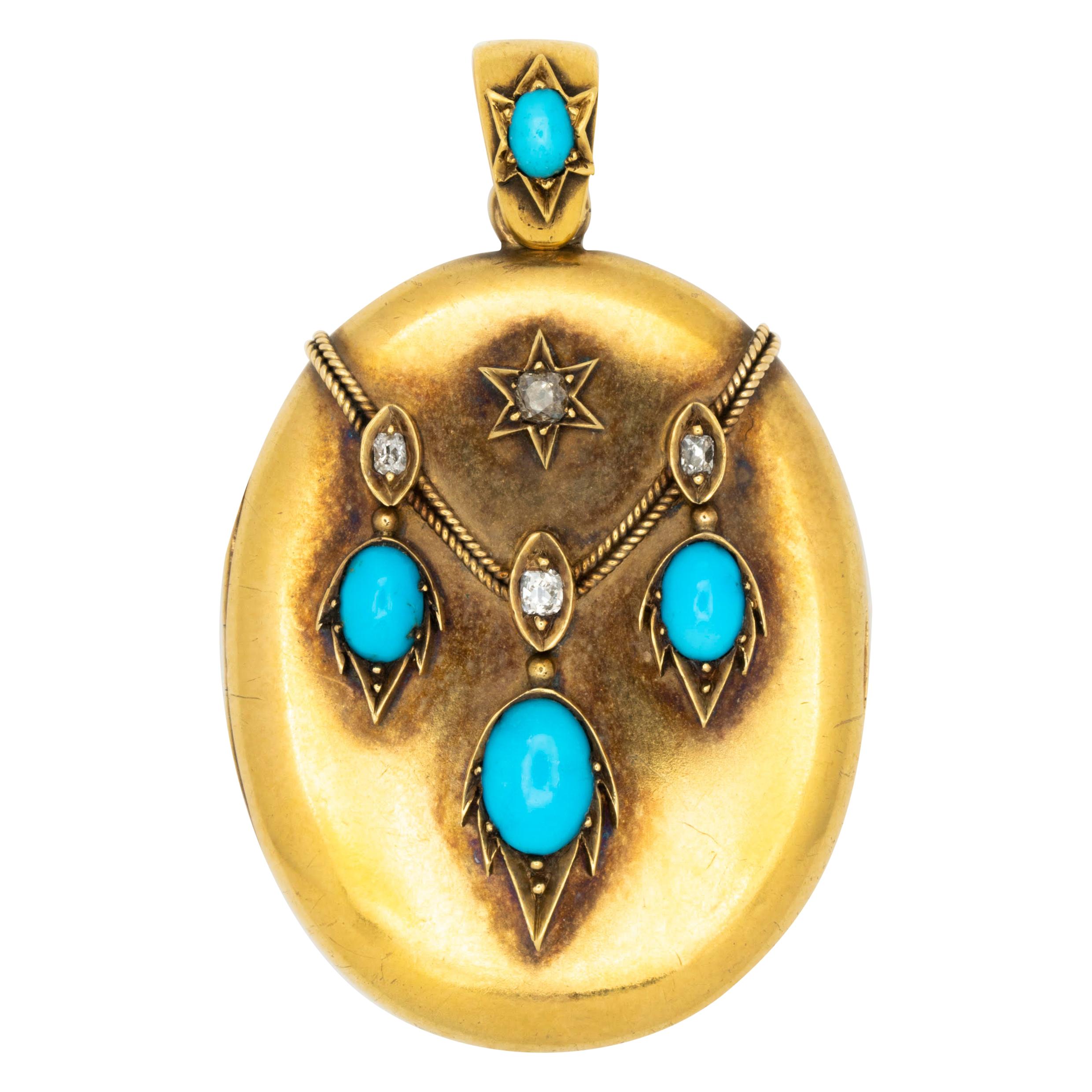 18 Karat Yellow Gold and Diamond and Persian Turquoise Locket
