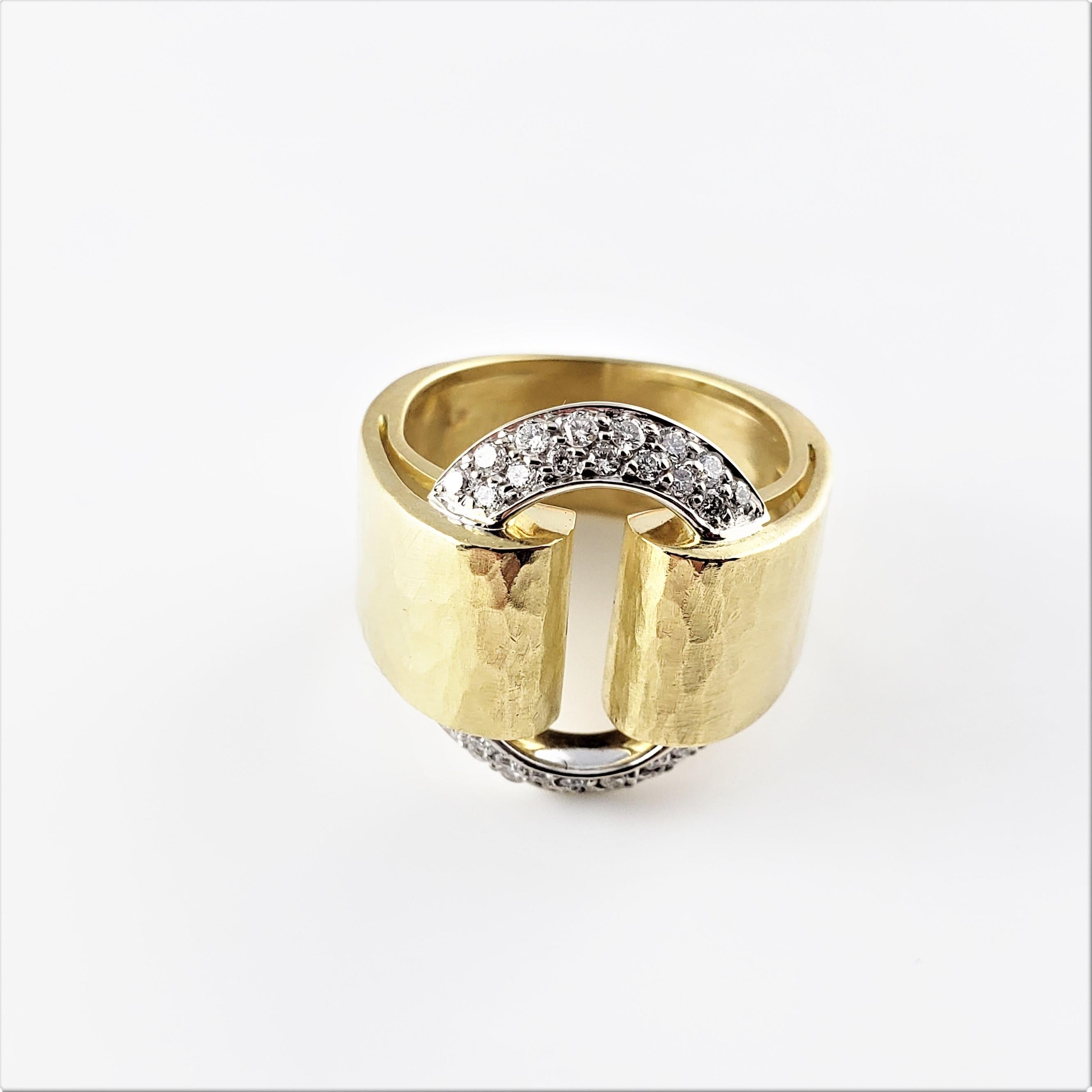 18 Karat Yellow Gold and Diamond Band Ring Size 6-

This lovely ring features 30 round brilliant cut diamonds set in beautifully detailed 18K yellow gold.  Width:  18 mm.  Shank:  9 mm.

Approximate total diamond weight:  .46 ct.

Diamond color: 