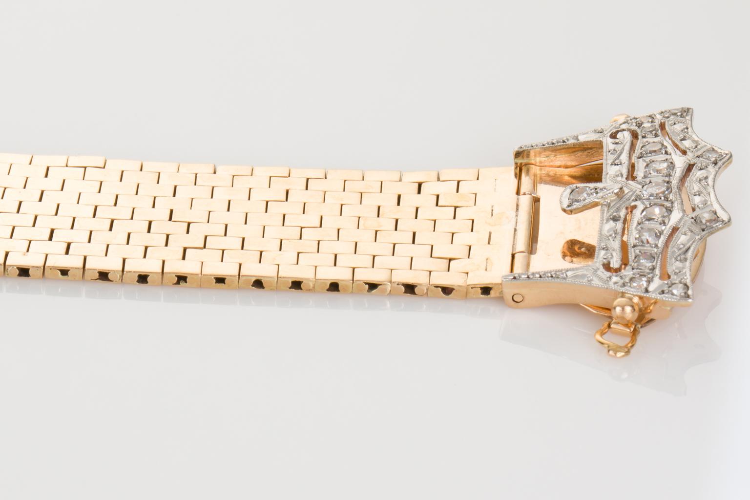 Retro 18 Karat Yellow Gold and Diamond Brickwork Flexible Belt Buckle Bracelet