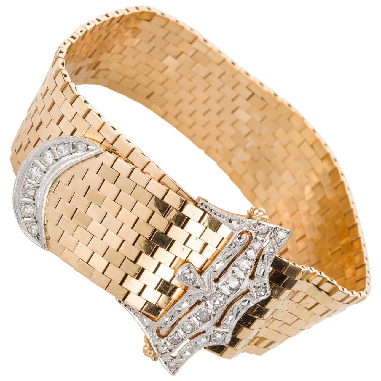 18 Karat Yellow Gold and Diamond Brickwork Flexible Belt Buckle Bracelet