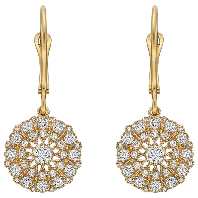 18 Karat Yellow Gold and Diamond Cluster Drop Earrings