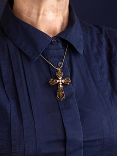 18 Karat Yellow Gold and Diamond Cross Brooch Pendant