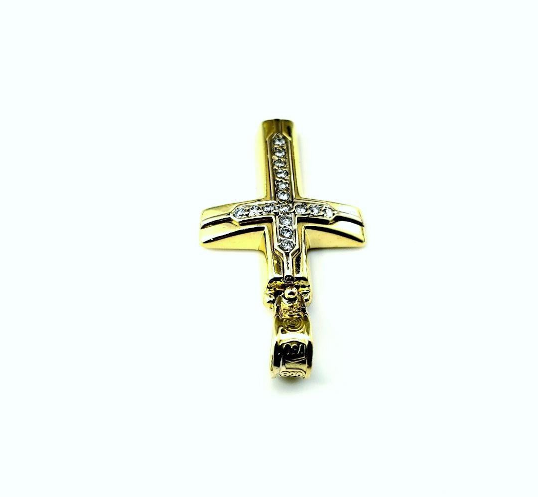 Round Cut 18 Karat Yellow Gold and Diamond Cross Pendant