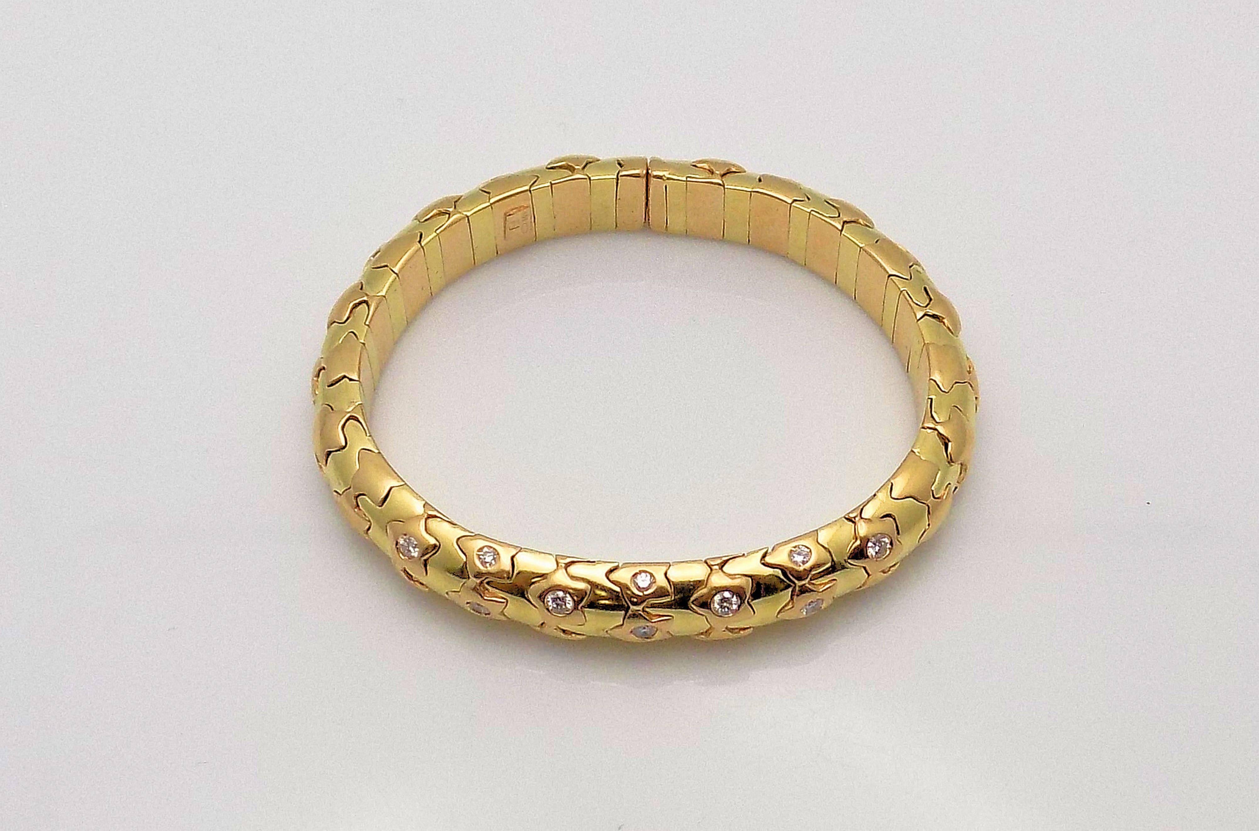 Women's 18 Karat Yellow Gold and Diamond Cuff Bracelet, Star Motif For Sale