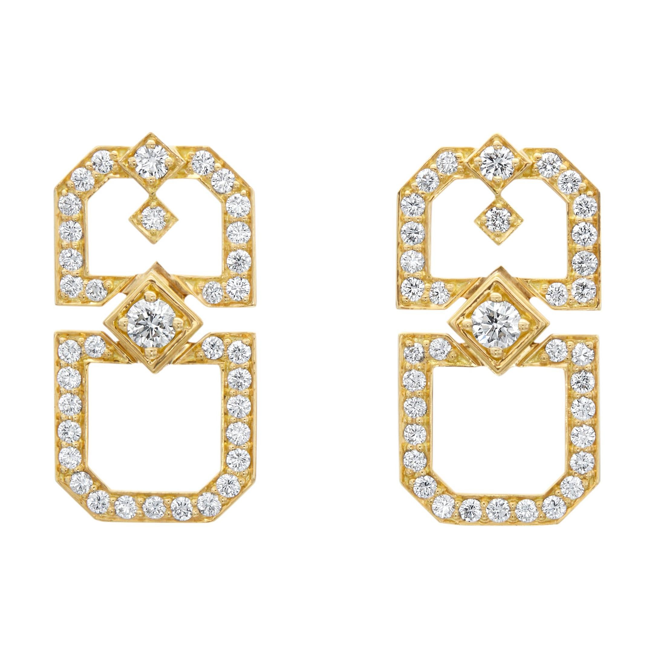 18 Karat Yellow Gold and Diamond "Deco Secret Garden" Earrings For Sale
