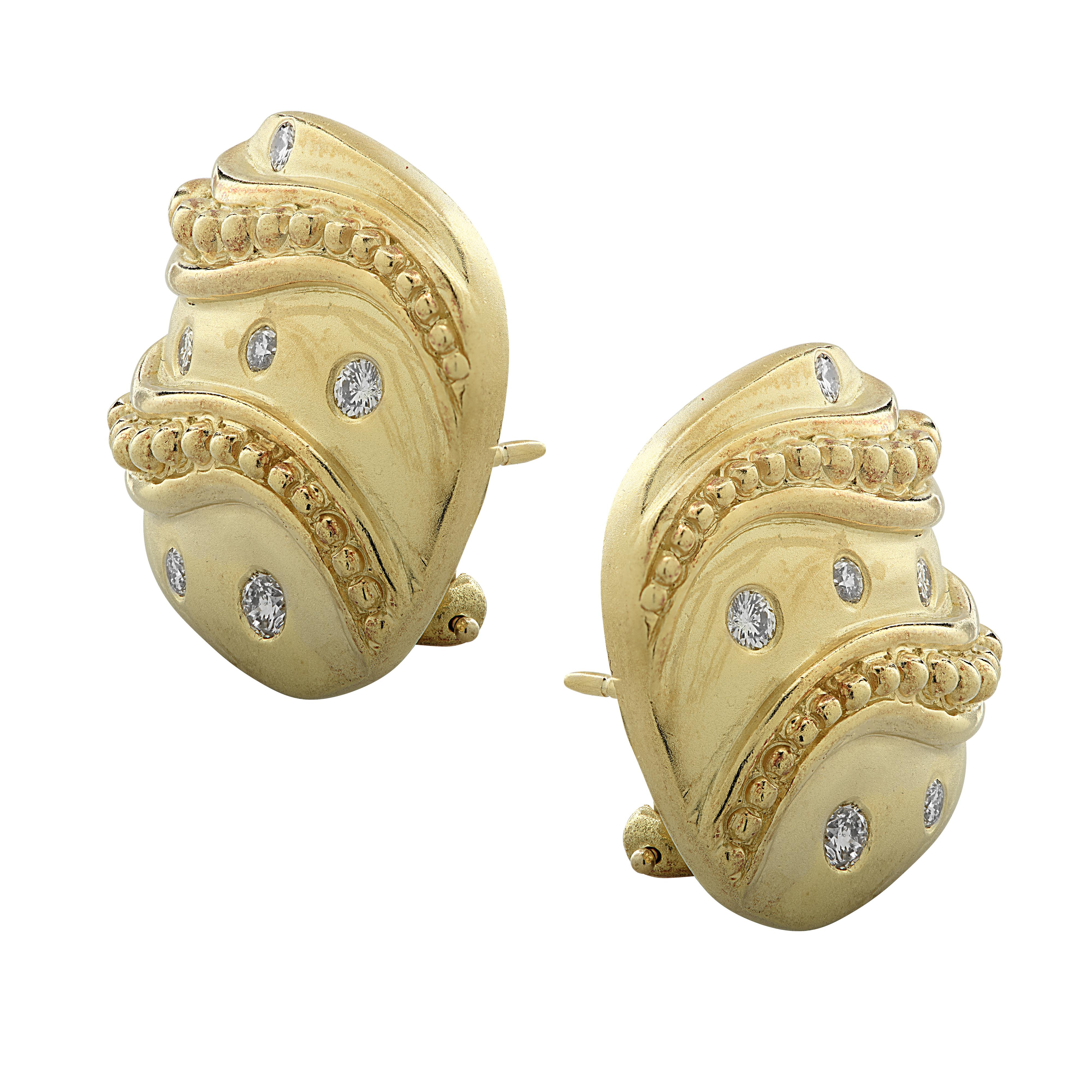 Beautiful stud earrings crafted in 18 karat yellow gold, featuring 12 round brilliant cut diamonds weighing approximately .50 carats total, G color, VS clarity. These whimsical earrings are fashioned into square shapes detailed with gold beads set