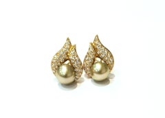 18 Karat Yellow Gold and Diamond Earrings with Pistachio Pearls by Gumuchian