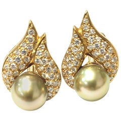 18 Karat Yellow Gold and Diamond Earrings with Pistachio Pearls by Gumuchian