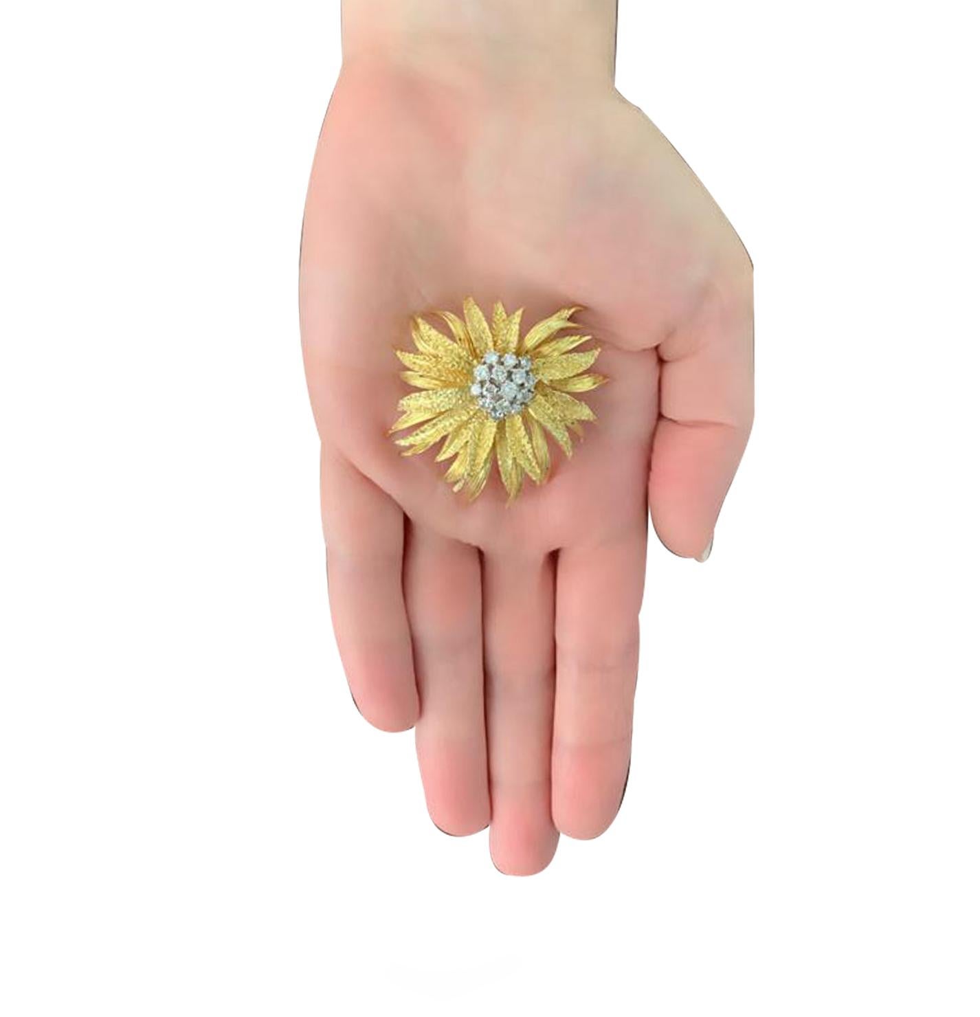 Modern 18 Karat Yellow Gold and Diamond En Tremblant Flower Brooch Pin