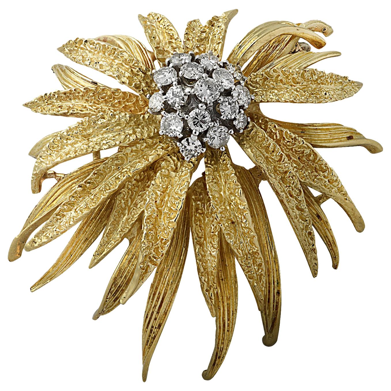 18 Karat Yellow Gold and Diamond En Tremblant Flower Brooch Pin